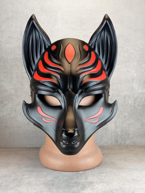 Schwarze Okami-Maske, Schwarze Kitsune-Maske, Traditionelle japanische Maske, Youkai-Maske, Wolfsmaske, Fuchsmaske