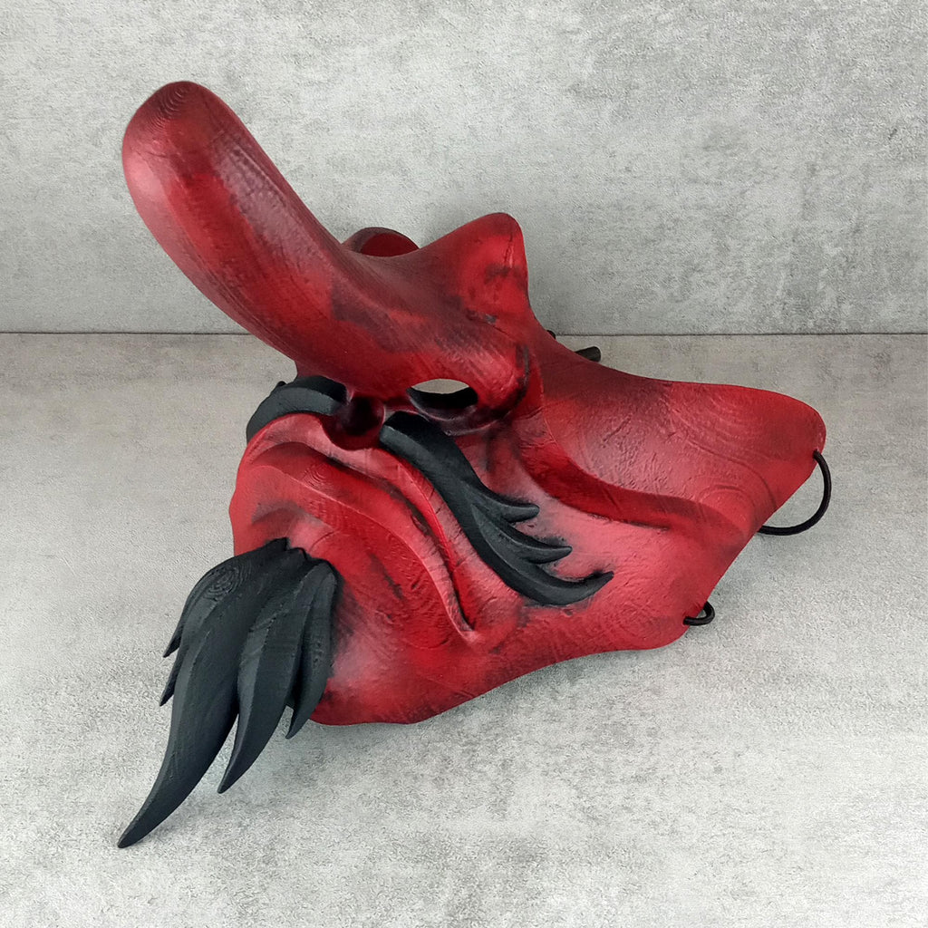Traditional Japanese Wearable Tengu Half Mask – Red with Black Beard and Mustache