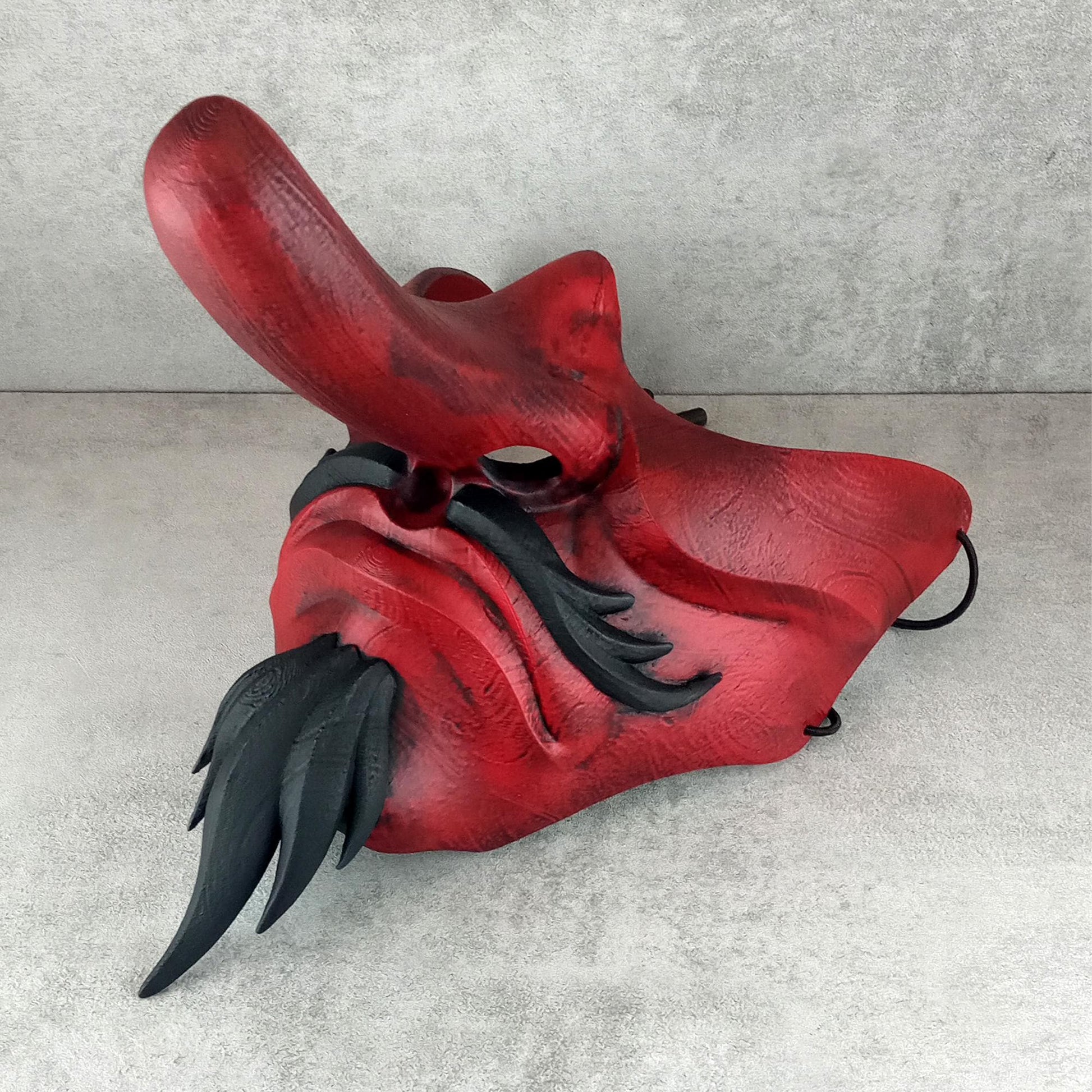 Traditional Japanese Wearable Tengu Half Mask – Red with Black Beard and Mustache
