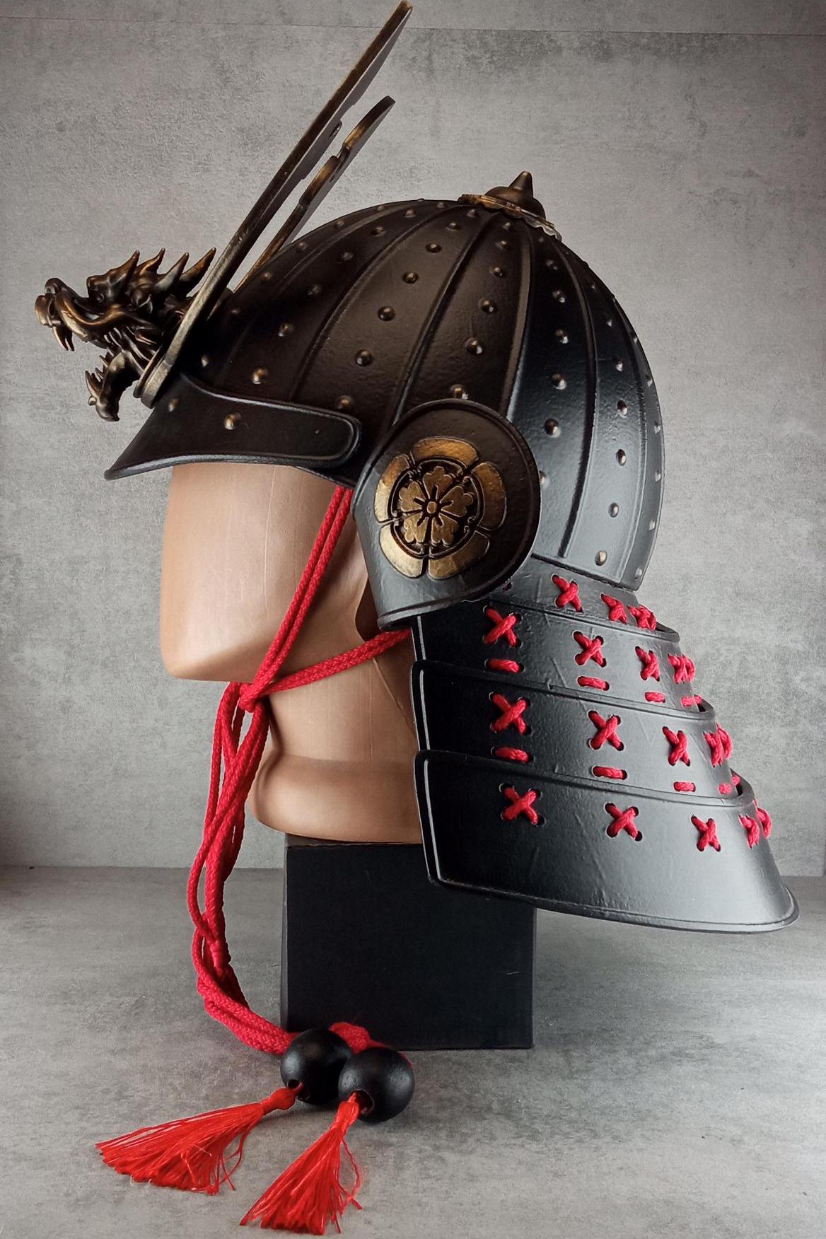 Samurai Kabuto Helmet – Black with Bronze Dragon Crest and Red Cord, with Menpo or Somen Face Mask