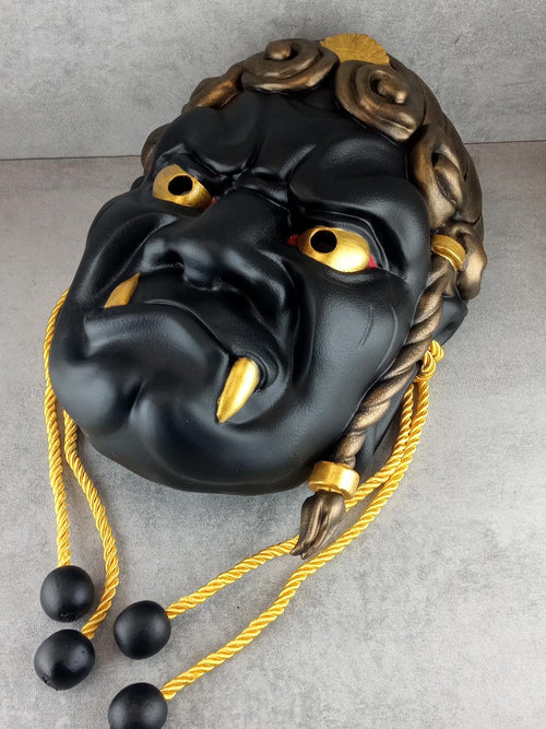 Wearable Traditional Japanese Fudo Demon Mask – Black with Gold Fangs