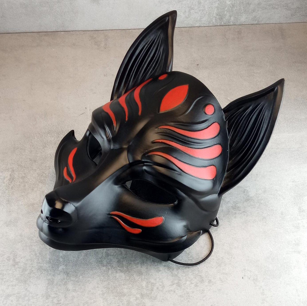 Schwarze Okami-Maske, Schwarze Kitsune-Maske, Traditionelle japanische Maske, Youkai-Maske, Wolfsmaske, Fuchsmaske