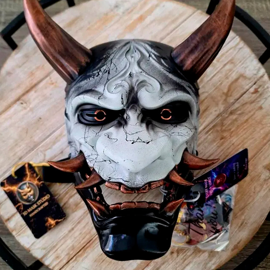 Hannya Demon Mask 'Copper Mountain Spirit' – Gray with Black Marble Veins, Glossy Black Chin, Copper Horns & Fangs