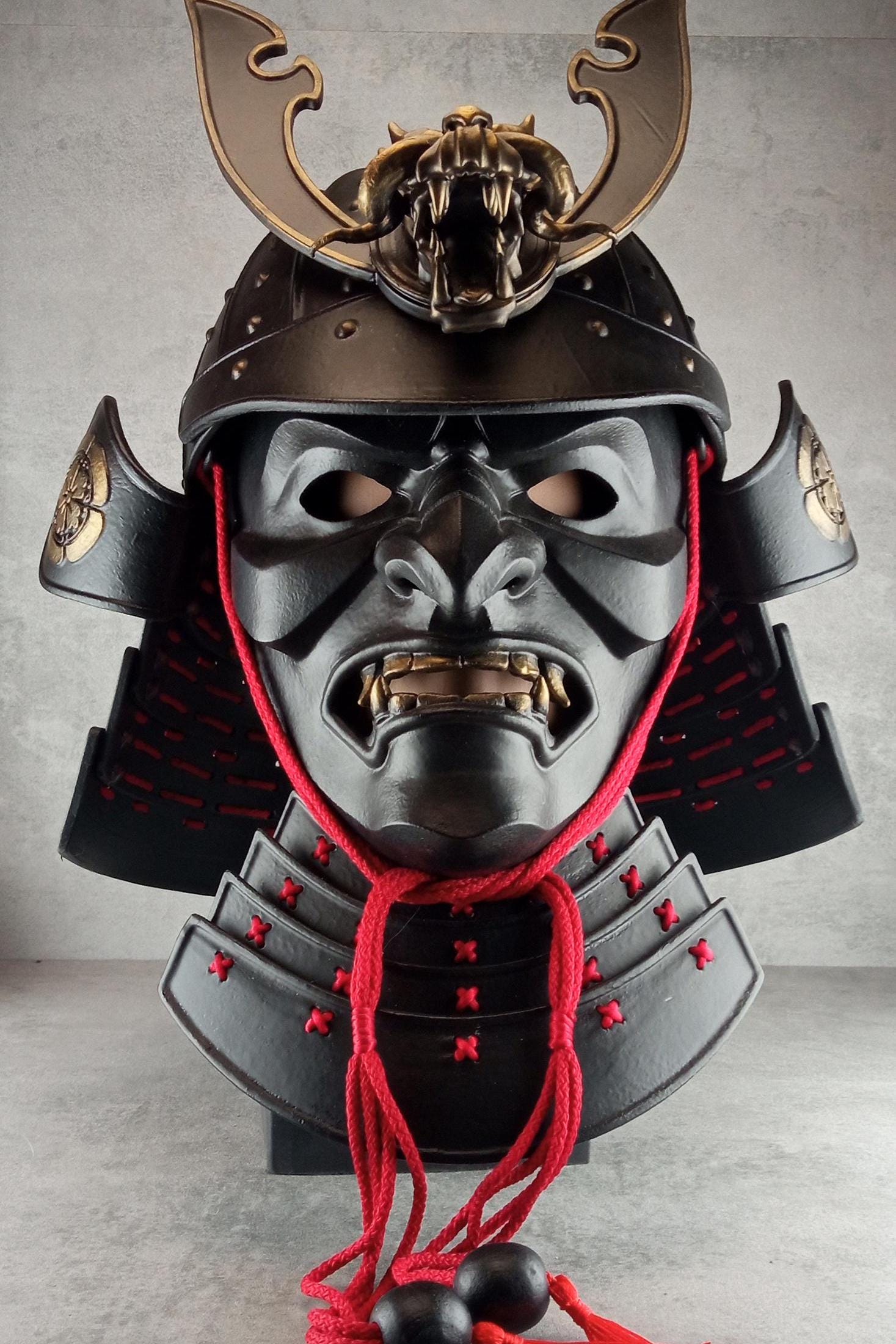 Samurai Kabuto Helmet – Black with Bronze Dragon Crest and Red Cord, with Menpo or Somen Face Mask