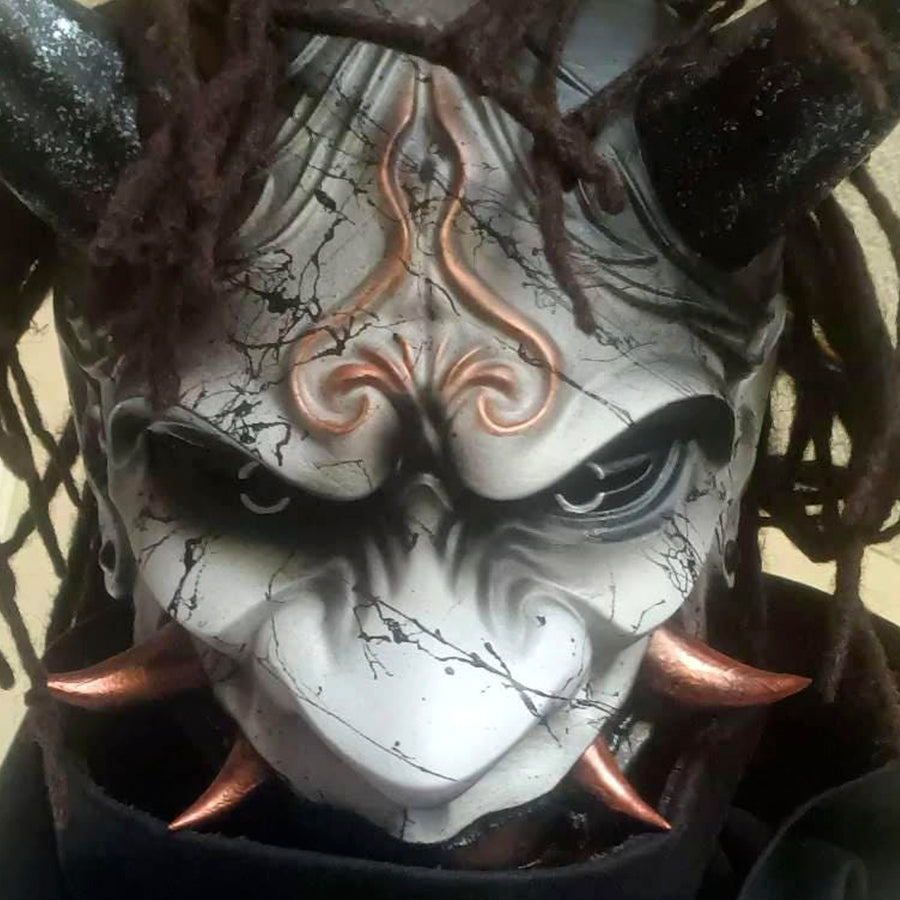 Hannya Demon Mask 'Copper Mountain Spirit' – Gray with Black Marble Veins, Glossy Black Chin, Copper Horns & Fangs