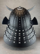 Samurai Kabuto Helmet – Black with Silver Crescent and Oni Tiger Crest | With Half-Mask or Full Somen