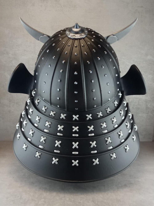 Samurai Kabuto Helmet – Black with Silver Crescent and Oni Tiger Crest | With Half-Mask or Full Somen