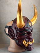 Traditional Japanese Hannya Mask – Cherry Red with Cracks, Large Golden Horns, Fangs & Eyes