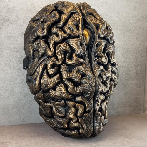 Bronze Brain Mask with Golden Eye – Surreal Anatomical Art Mask for Cosplay & Decor