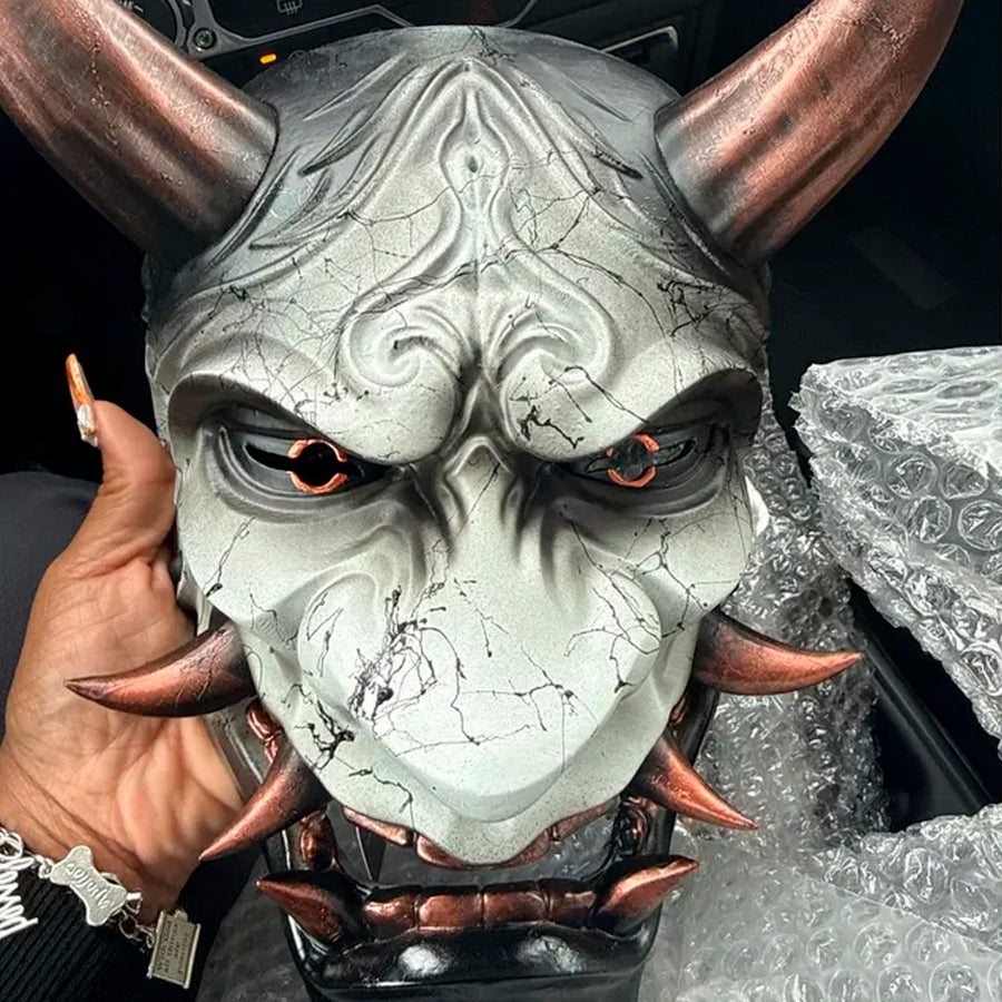 Hannya Demon Mask 'Copper Mountain Spirit' – Gray with Black Marble Veins, Glossy Black Chin, Copper Horns & Fangs