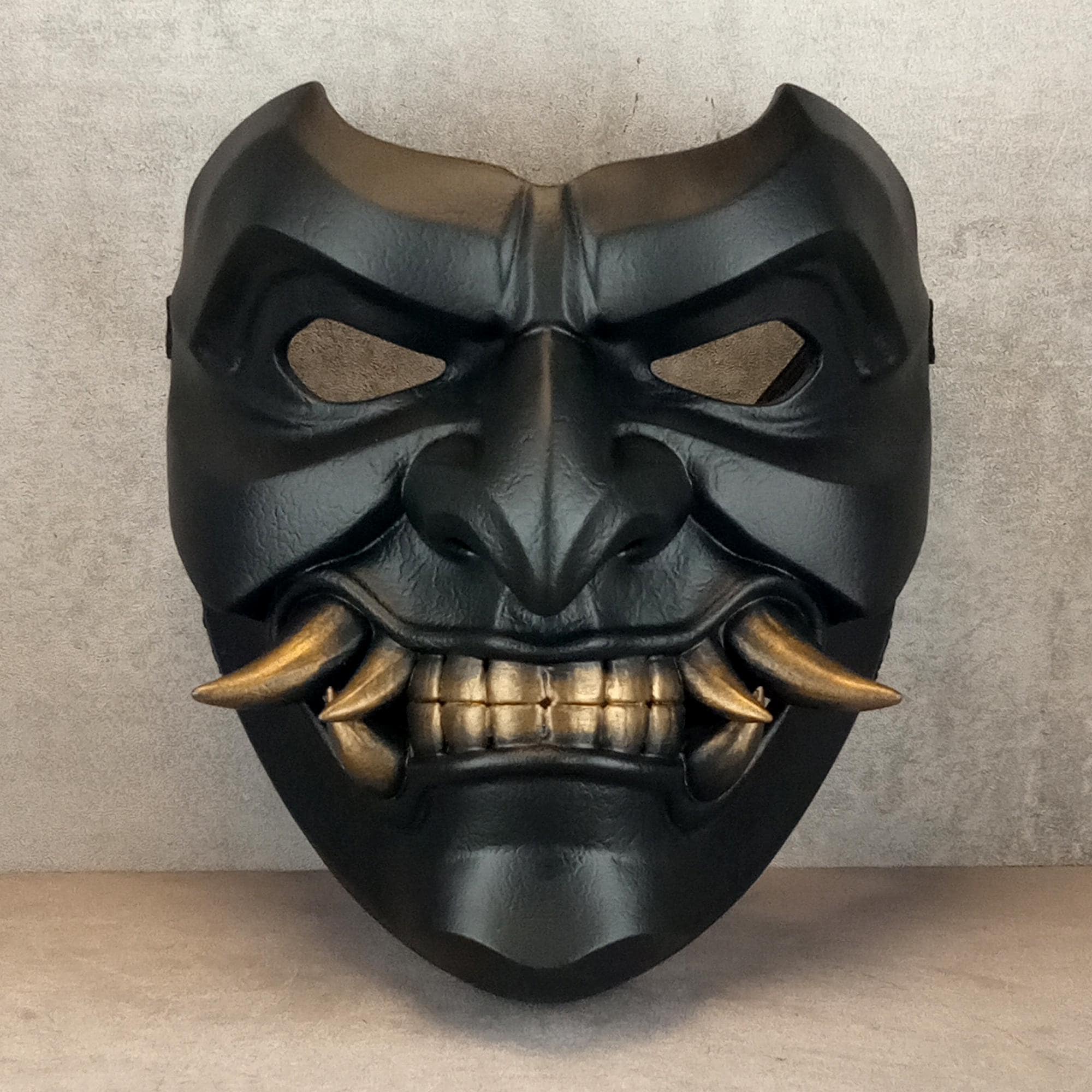 Black Samurai Somen Mask with Bronze Fangs – Japanese Warrior Armor Mask