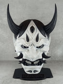 Traditional Hannya Mask - Black and White with Cracked Pattern, Black Hair, Horns and Fangs
