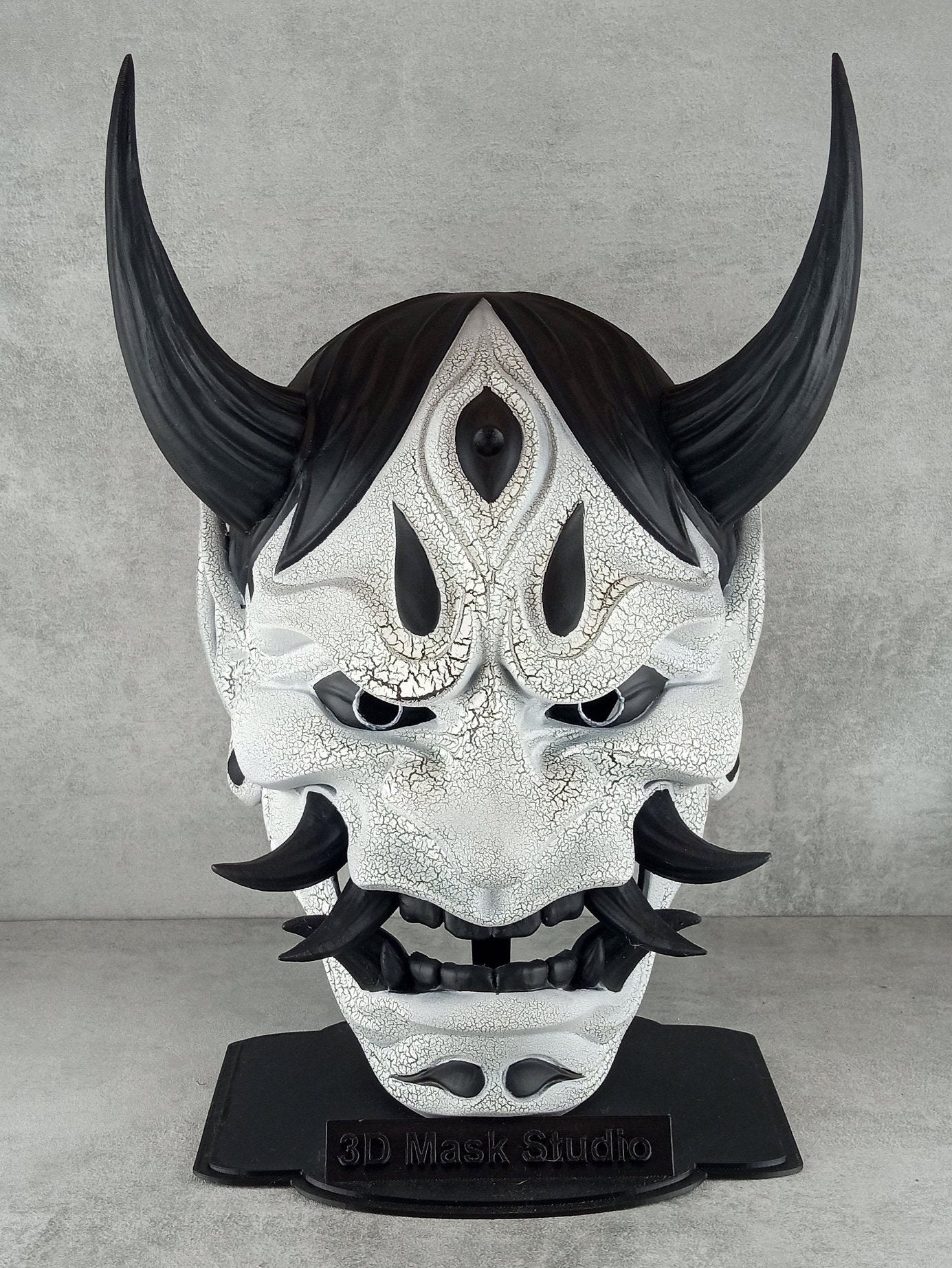 Traditional Hannya Mask - Black and White with Cracked Pattern, Black Hair, Horns and Fangs