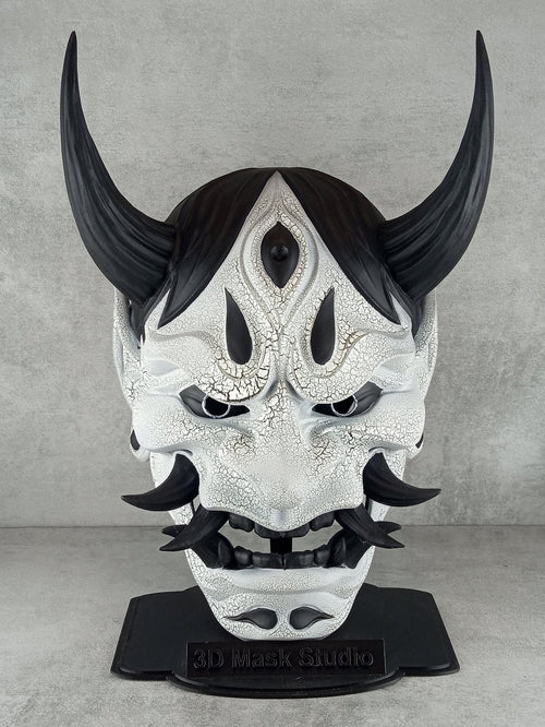 Traditional Hannya Mask - Black and White with Cracked Pattern, Black Hair, Horns and Fangs