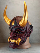 Traditional Japanese Hannya Mask – Cherry Red with Cracks, Large Golden Horns, Fangs & Eyes