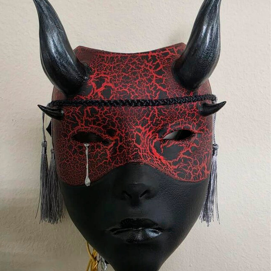 Red and Black Cracked Geisha Witch Mask with Shiny Black Horns