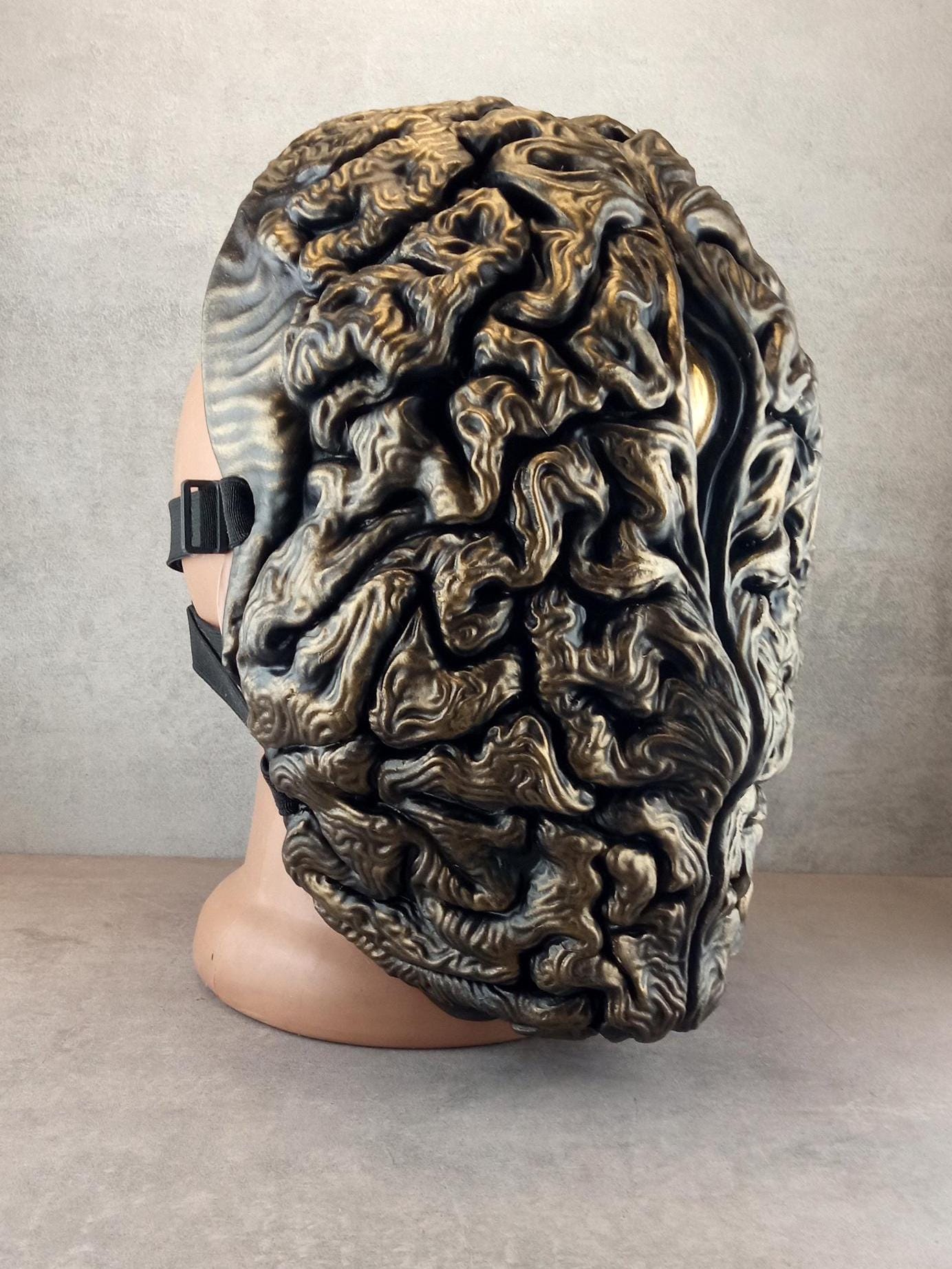 Bronze Brain Mask with Golden Eye – Surreal Anatomical Art Mask for Cosplay & Decor