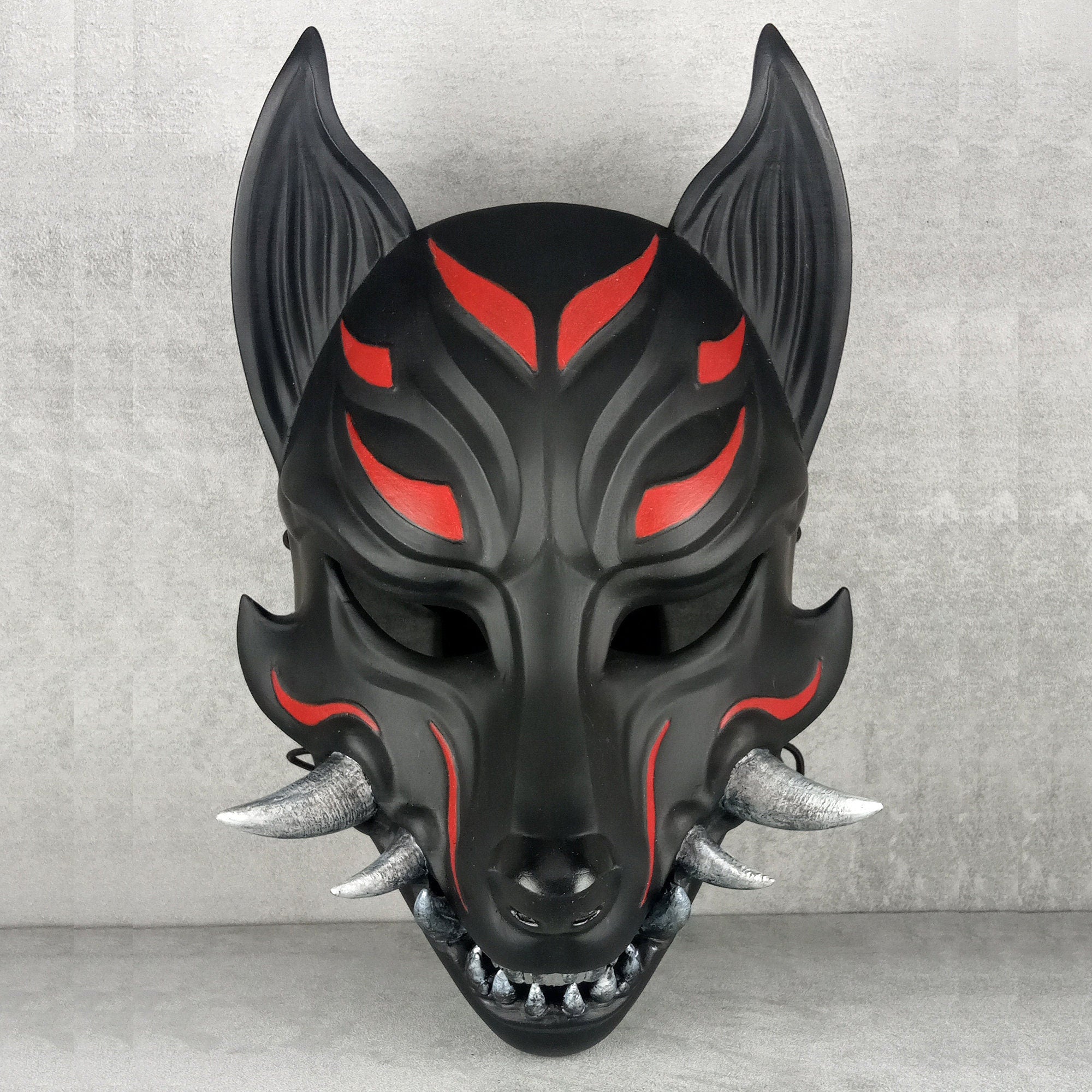 Traditional Japanese Kitsune (Okami) Wearable Mask – Black with Red Design