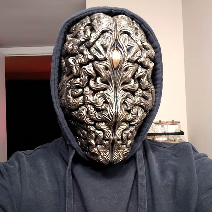 Bronze Brain Mask with Golden Eye – Surreal Anatomical Art Mask for Cosplay & Decor