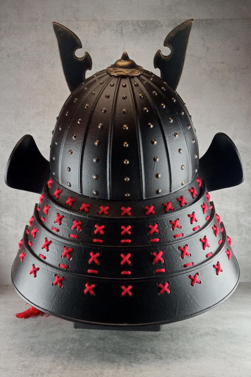 Samurai Kabuto Helmet – Black with Bronze Dragon Crest and Red Cord, with Menpo or Somen Face Mask