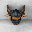 Wearable Samurai Half Mask – Black &amp; Gold with Cracks and Large Golden Fangs