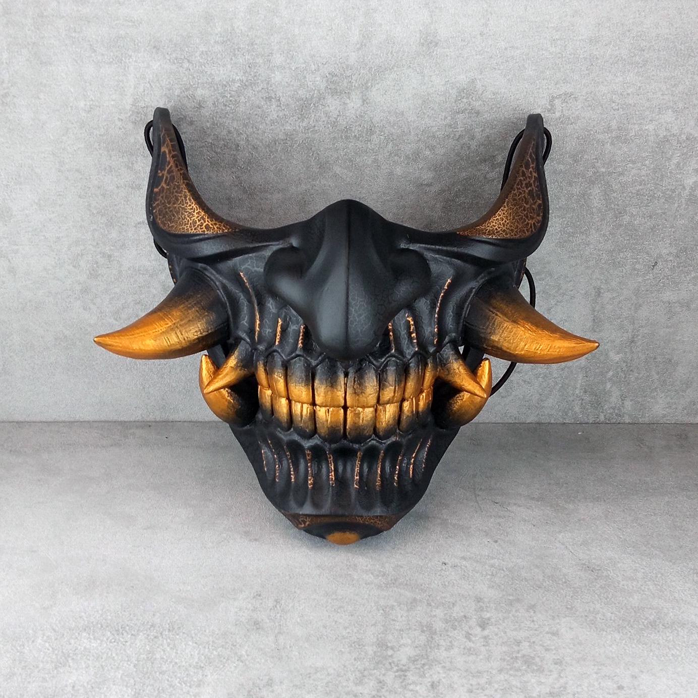 Wearable Samurai Half Mask – Black &amp; Gold with Cracks and Large Golden Fangs