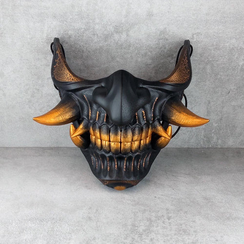 Wearable Samurai Half Mask – Black &amp; Gold with Cracks and Large Golden Fangs