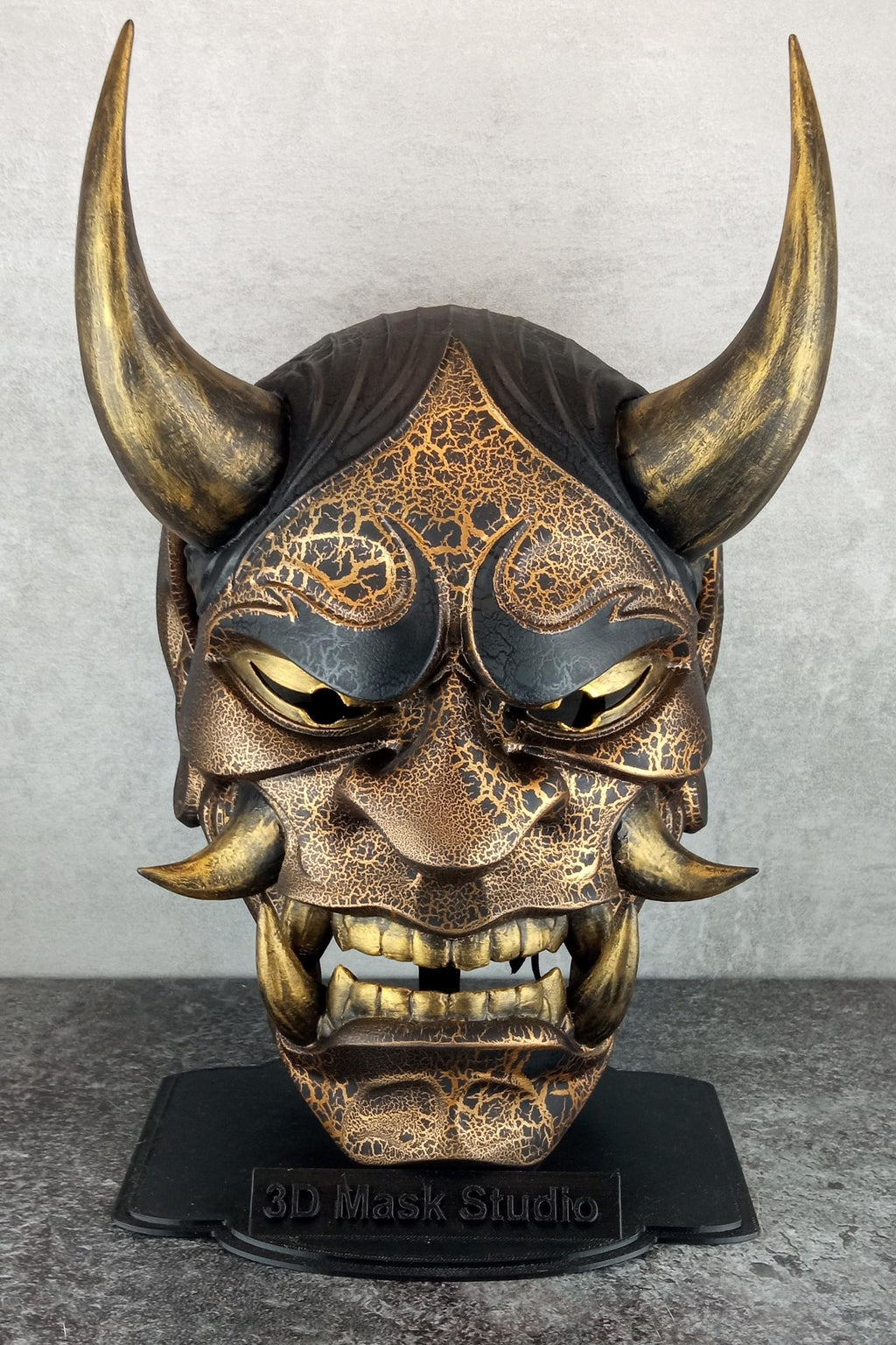 Black and Gold Cracked Traditional Hannya Mask with Large Black Eyebrows