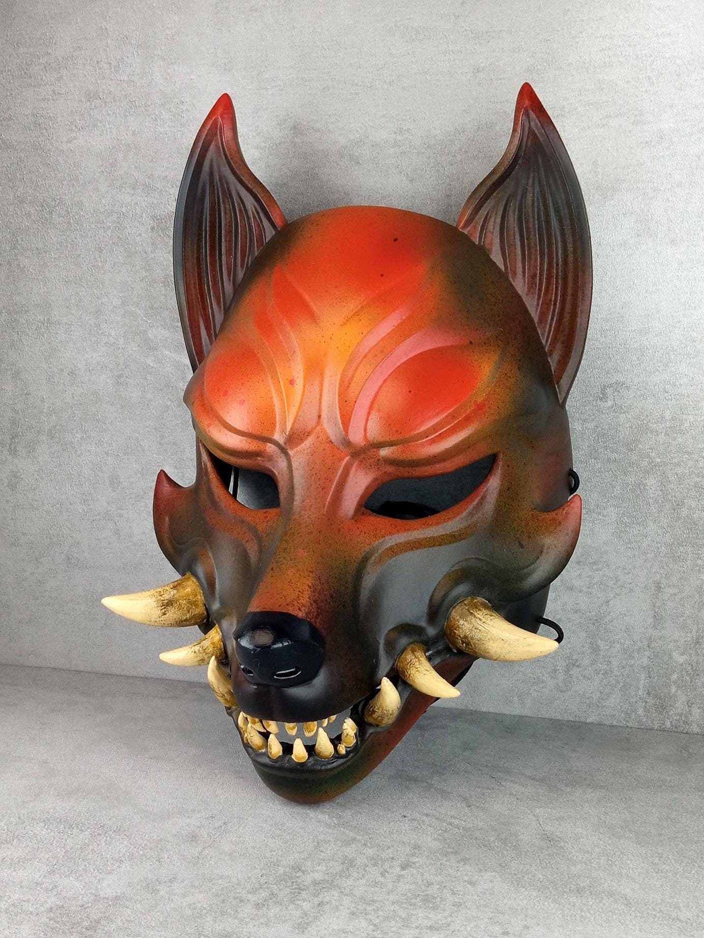 Fox Spirit Mask – Rust-Grey Kitsune (Okami) with Natural Fangs