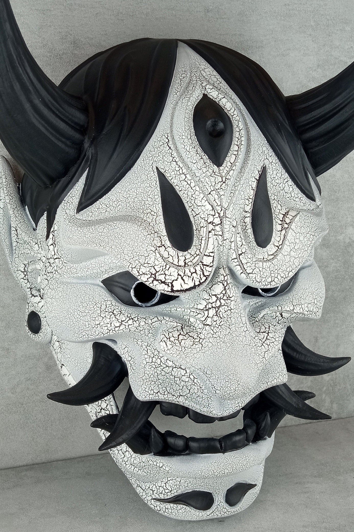Traditional Hannya Mask - Black and White with Cracked Pattern, Black Hair, Horns and Fangs