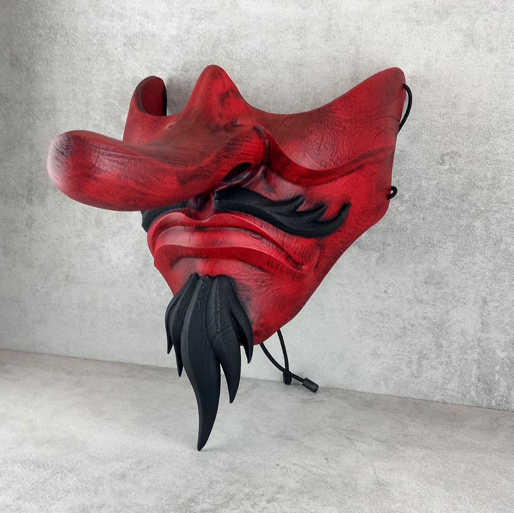 Traditional Japanese Wearable Tengu Half Mask – Red with Black Beard and Mustache