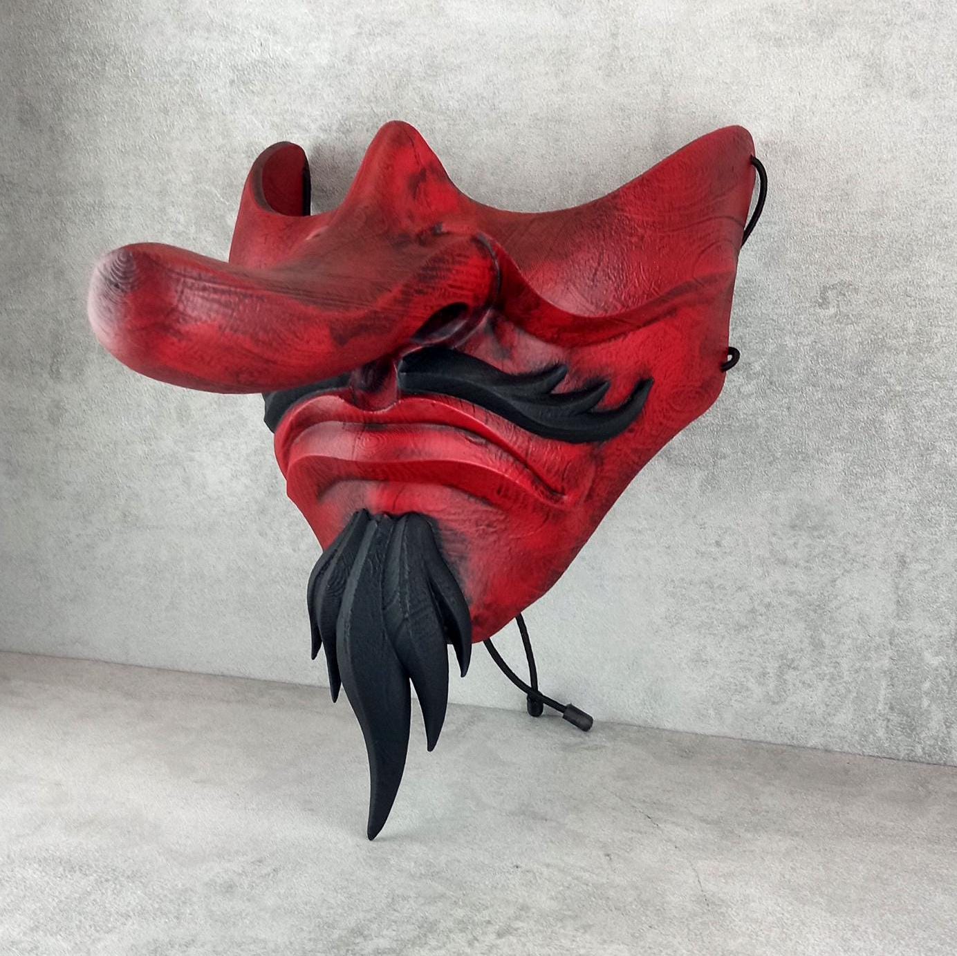 Traditional Japanese Wearable Tengu Half Mask – Red with Black Beard and Mustache