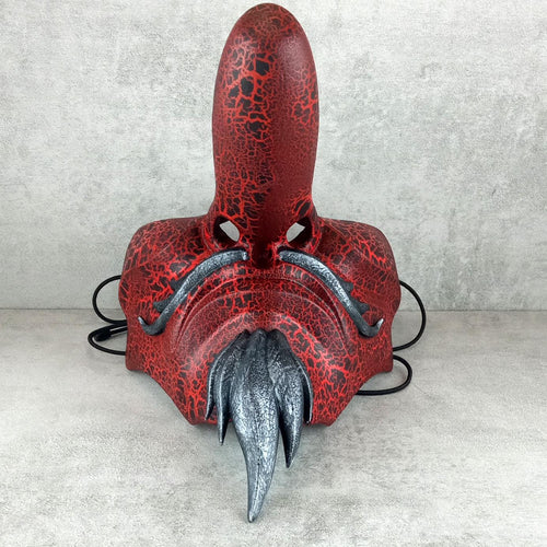 Traditional Japanese Tengu Half Mask – Red with Cracks, Silver Beard &amp; Mustache