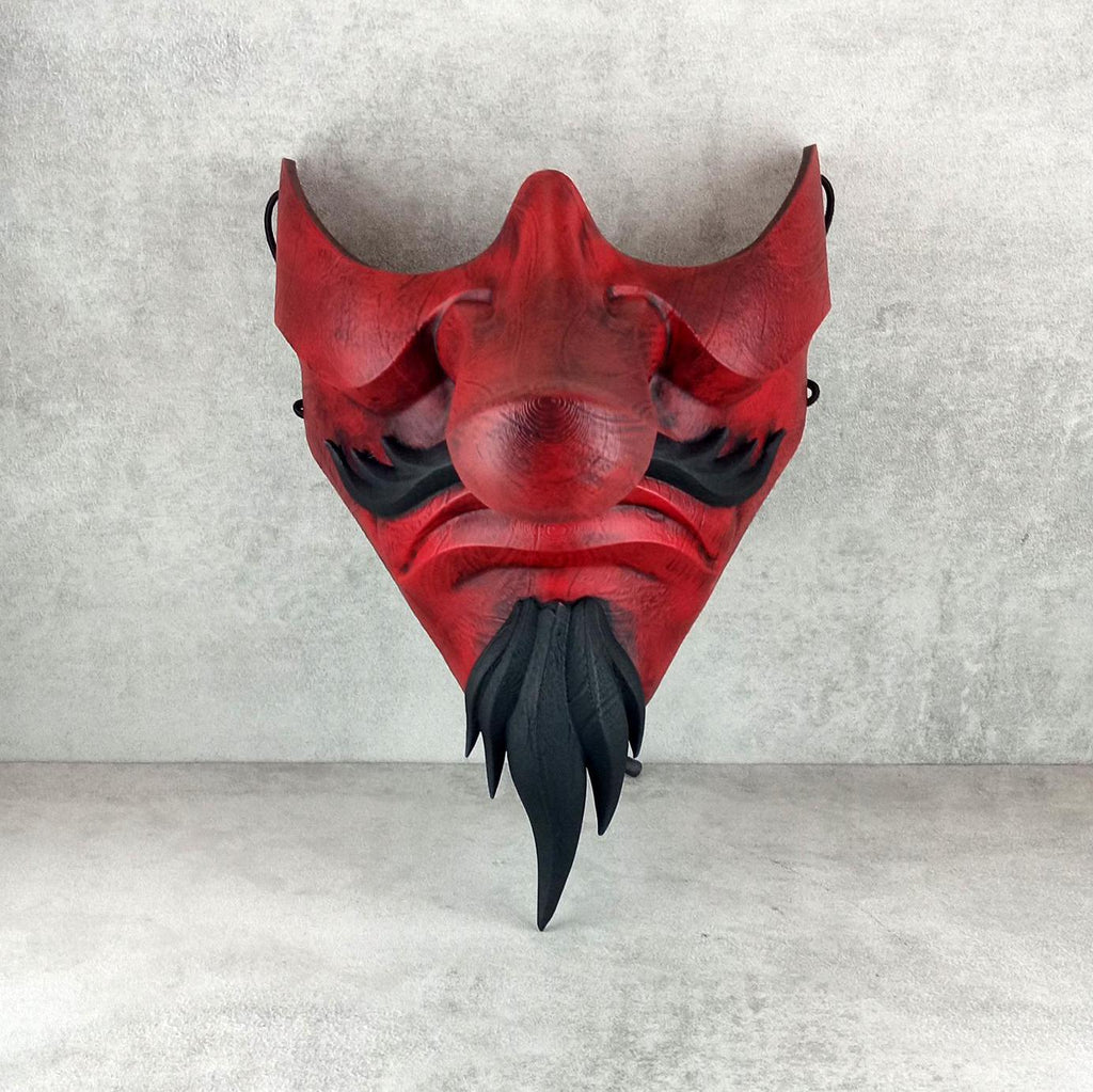 Traditional Japanese Wearable Tengu Half Mask – Red with Black Beard and Mustache