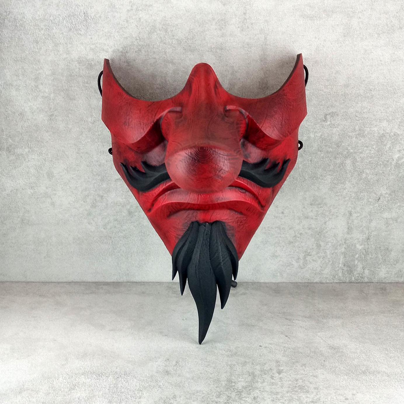 Traditional Japanese Wearable Tengu Half Mask – Red with Black Beard and Mustache