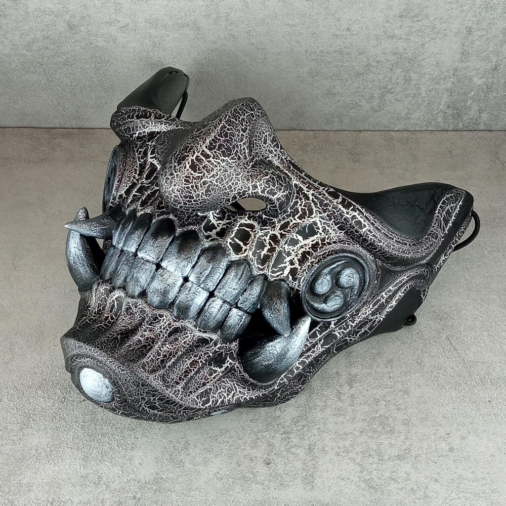 Silver-Black Samurai Half Mask with Cracks and Silver Fangs