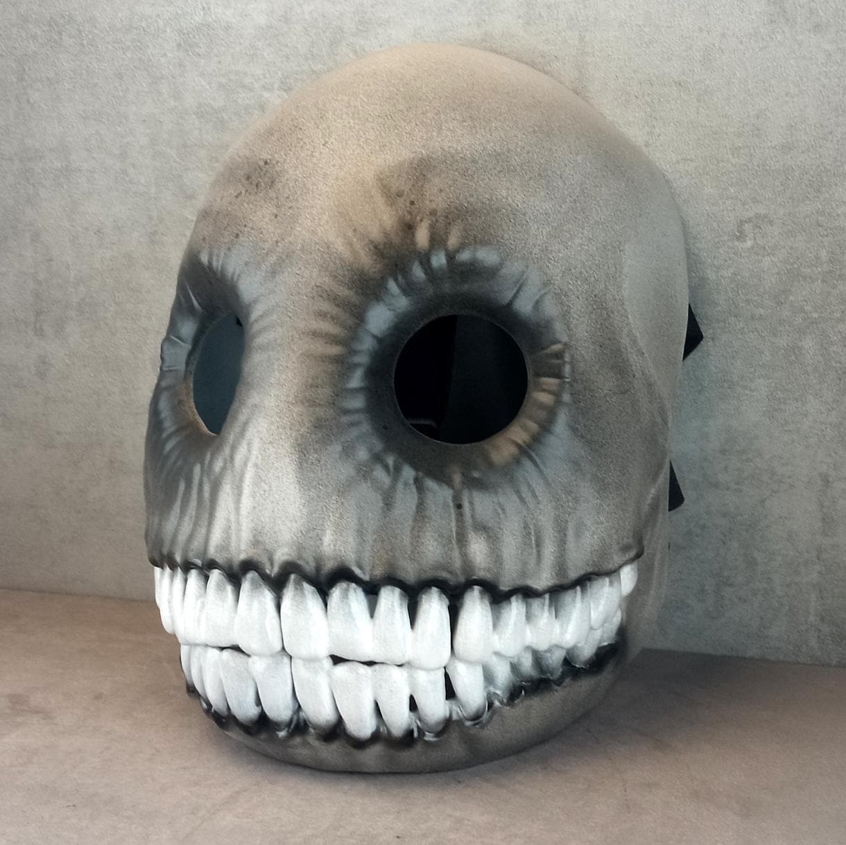 Creepy Grey and Black Smiley Face Mask with Big White-Toothed Grin – Horror Costume Accessory