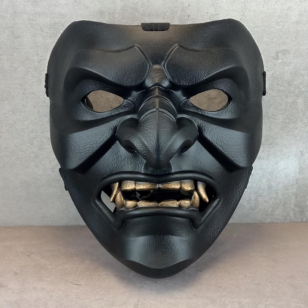 Black Samurai Somen Mask with Bronze Fangs – Handmade Warrior Face Armor