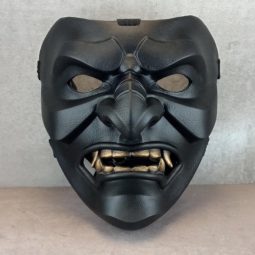Black Samurai Somen Mask with Bronze Fangs – Handmade Warrior Face Armor