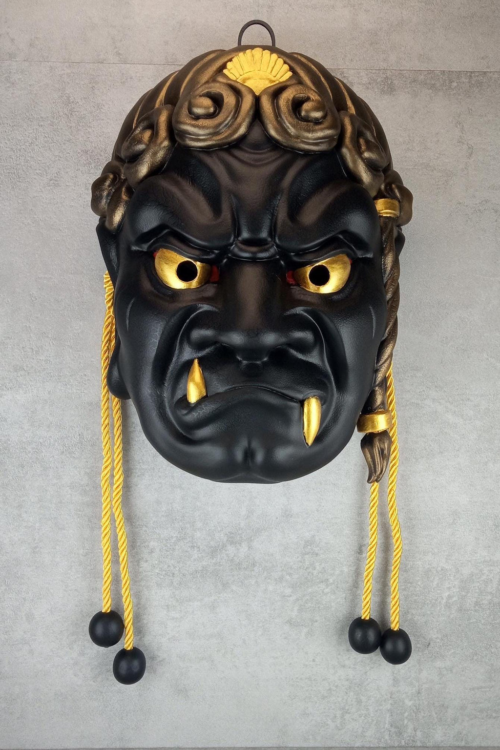 Schwarze Fudo Myo-o Maske, Traditionelle japanische Fudo Myo:o Maske, Noh Theater Maske, Achala Maske