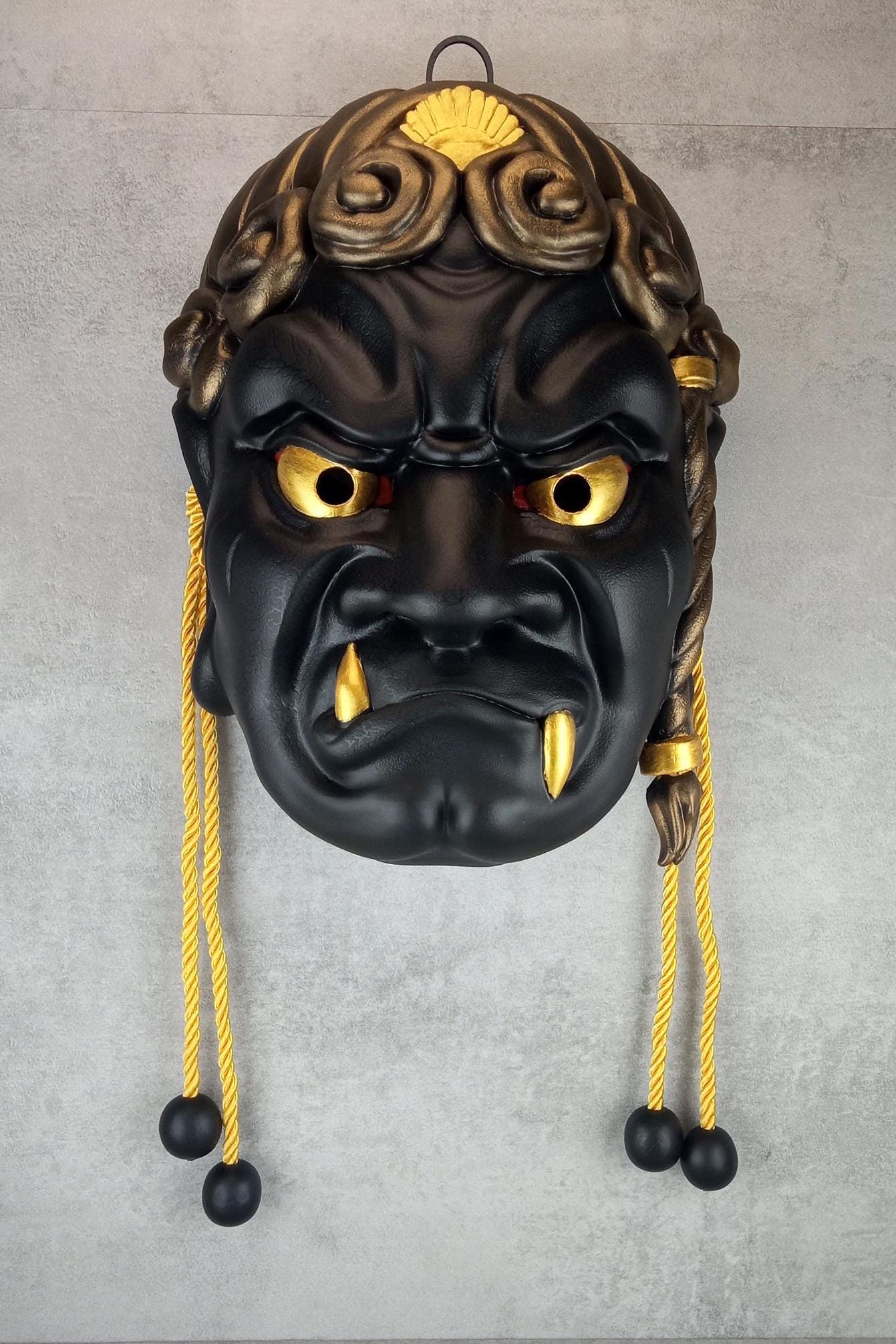 Wearable Traditional Japanese Fudo Demon Mask – Black with Gold Fangs