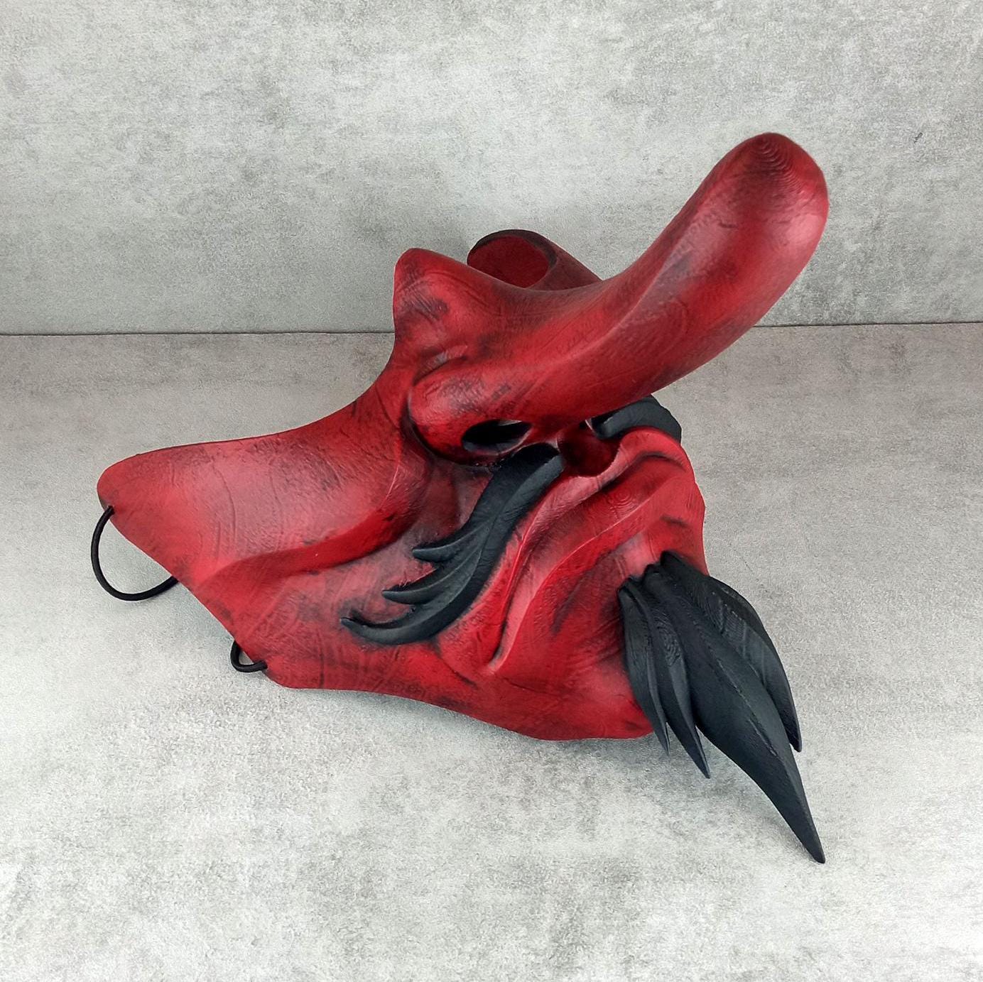 Traditional Japanese Wearable Tengu Half Mask – Red with Black Beard and Mustache