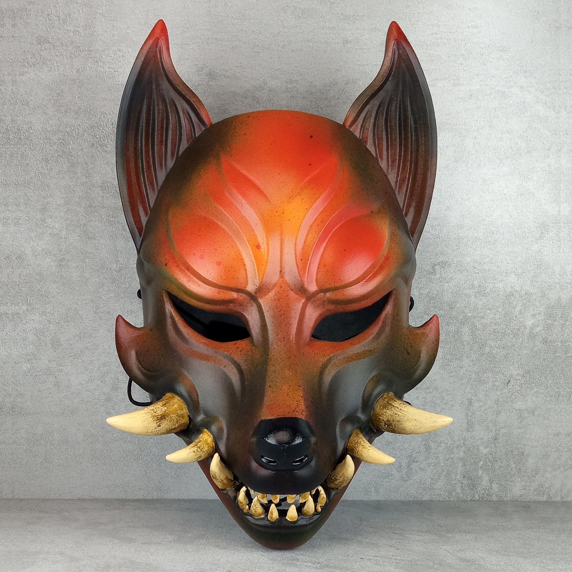 Fox Spirit Mask – Rust-Grey Kitsune (Okami) with Natural Fangs