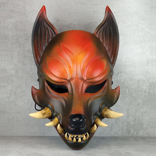 Fox Spirit Mask – Rust-Grey Kitsune (Okami) with Natural Fangs