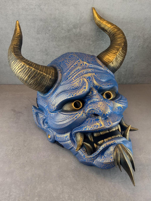 Hannya Mask "River Demon" – Blue with Gold Cracks, Curved Horns & Beard