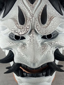 Traditional Hannya Mask - Black and White with Cracked Pattern, Black Hair, Horns and Fangs