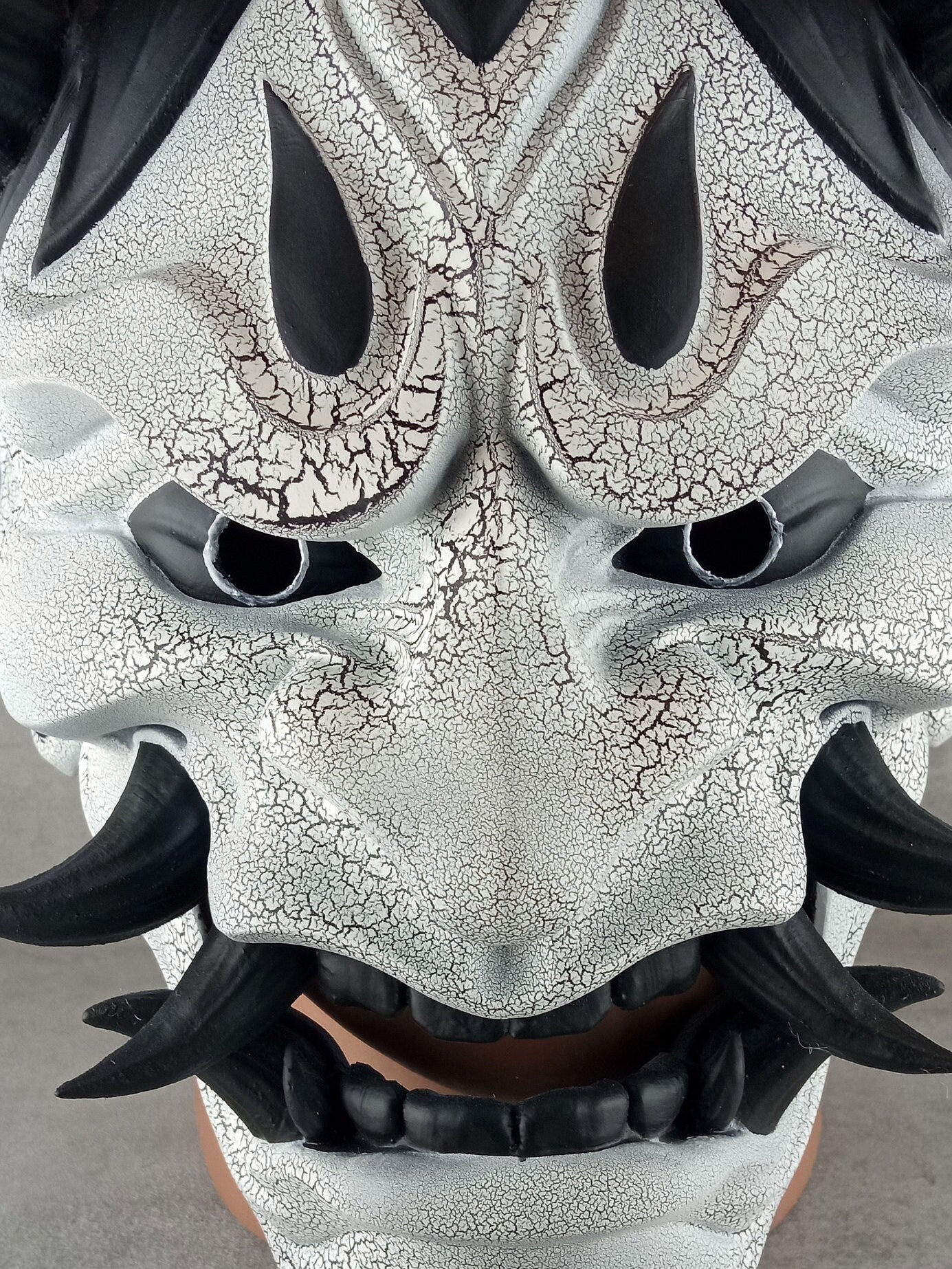 Traditional Hannya Mask - Black and White with Cracked Pattern, Black Hair, Horns and Fangs