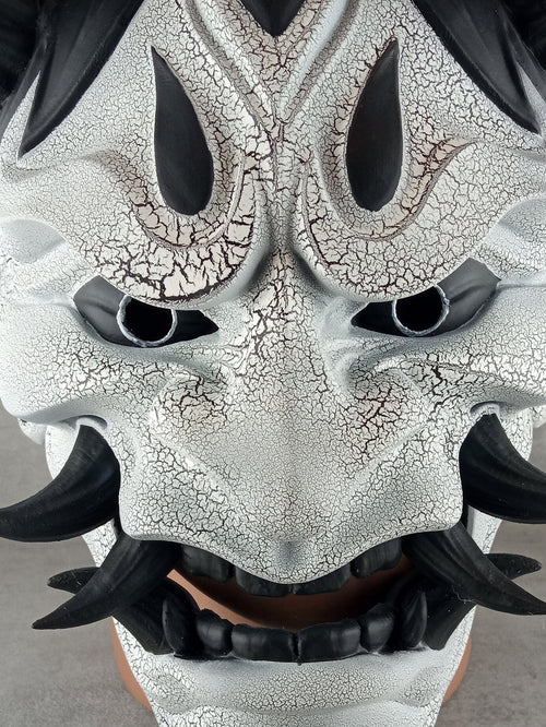 Traditional Hannya Mask - Black and White with Cracked Pattern, Black Hair, Horns and Fangs