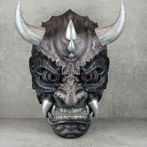 Exclusive Cyber Oni Demon Mask – Black &amp; Silver Cracked Design