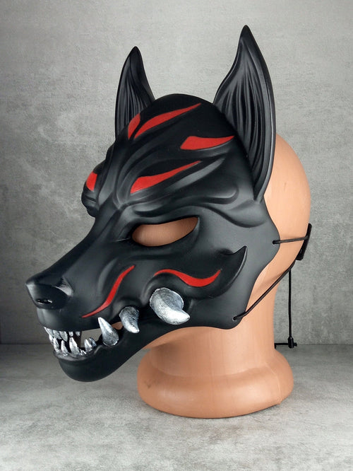 Traditional Japanese Kitsune (Okami) Wearable Mask – Black with Red Design